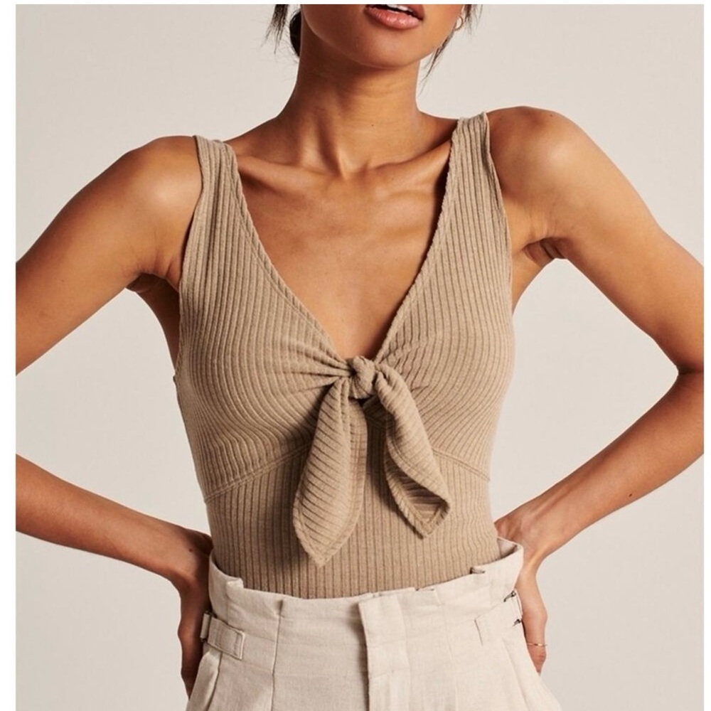 Abercrombie & Fitch Tan Ribbed Tie-Front Crop Top
